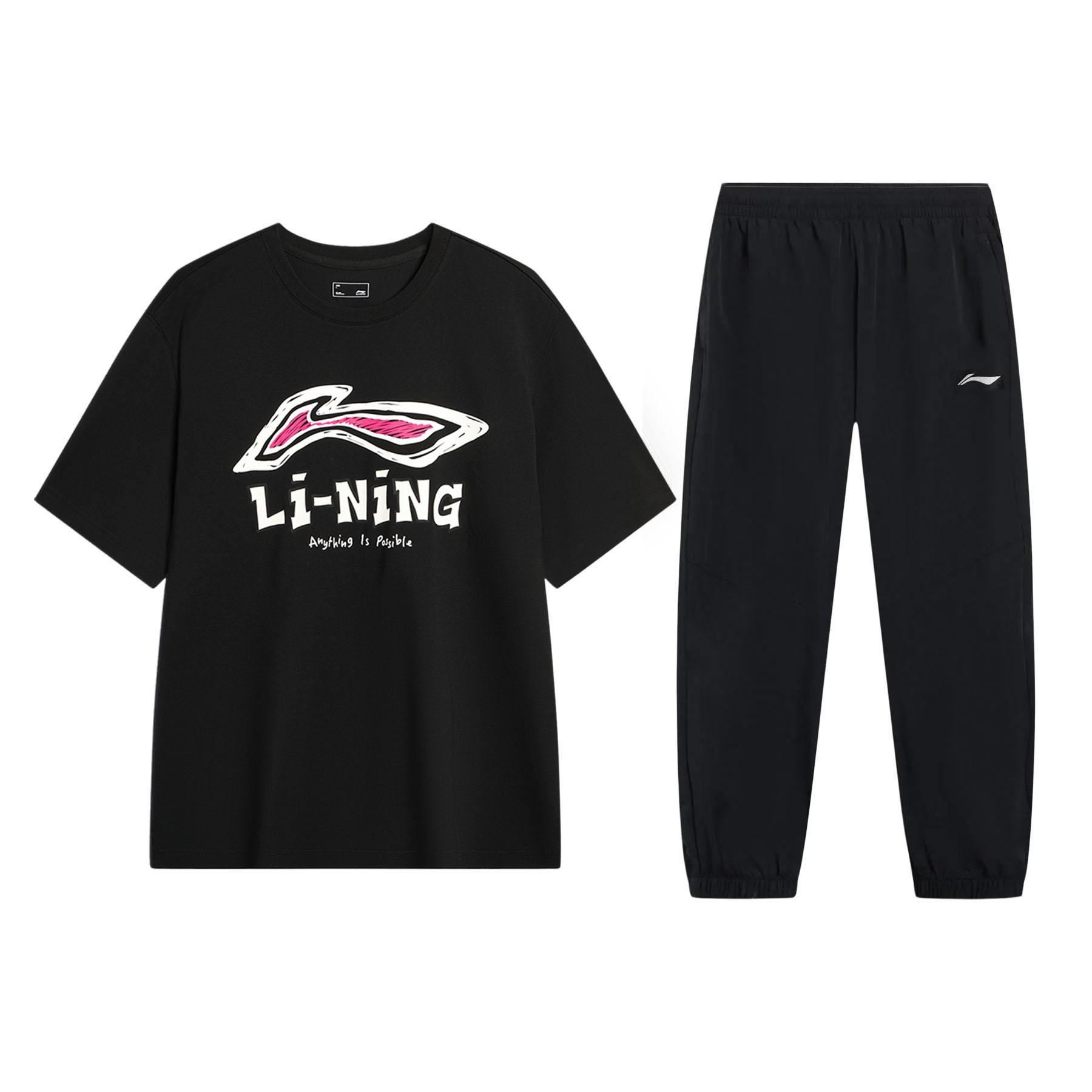 

Li-Ning Summer Drop Shoulder Printed Short Sleeve Big Logo Breathable Long Student Youth Daily Wear Casual Sports Suit Men suit AHSU711-1+AYKT415-1 S