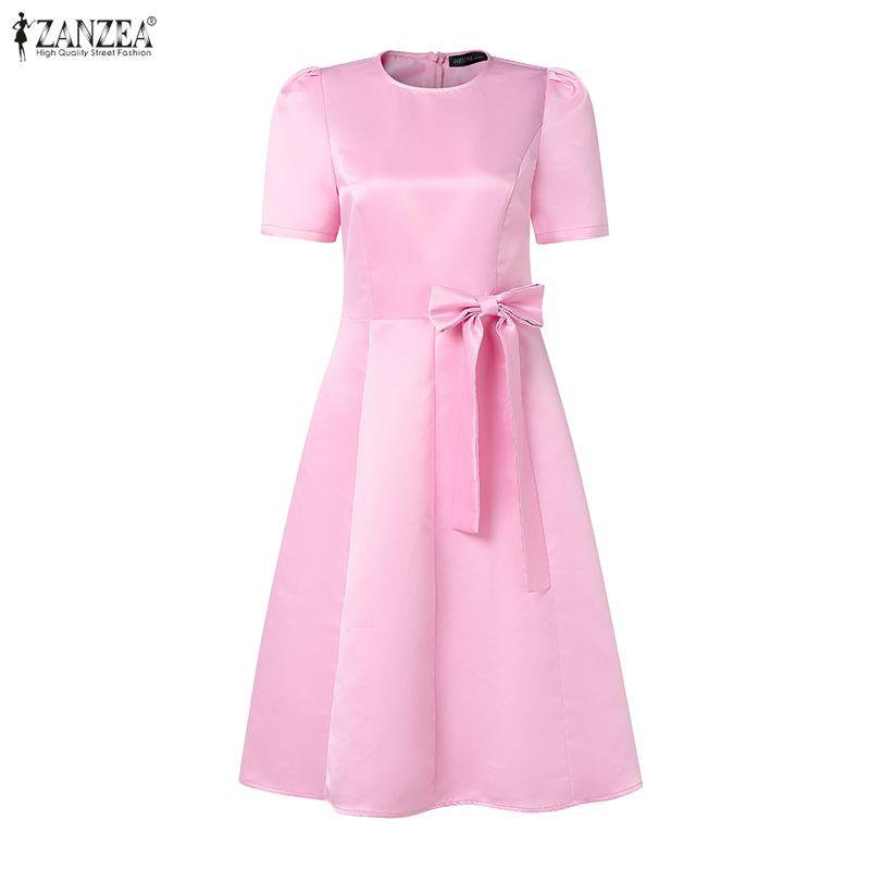ZANZEA Women Casual Round Neck Summer Short Sleeve A-Line Dress