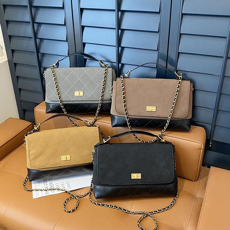 Textured matte portable lock diamond bag women's new autumn contrasting color chain single shoulder messenger bag tide