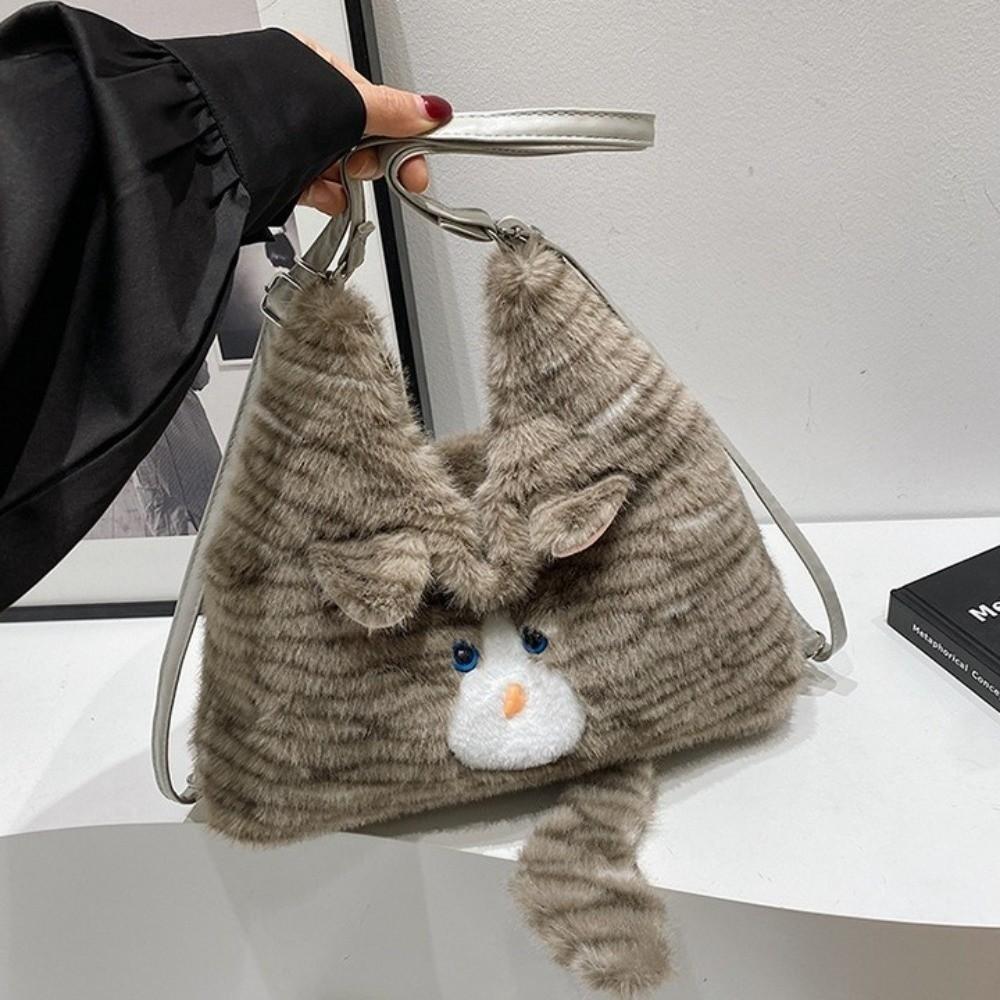 Animal Furry School Bag Zipper Cartoon Daypack Portable Cat Plush Backpack  Girls