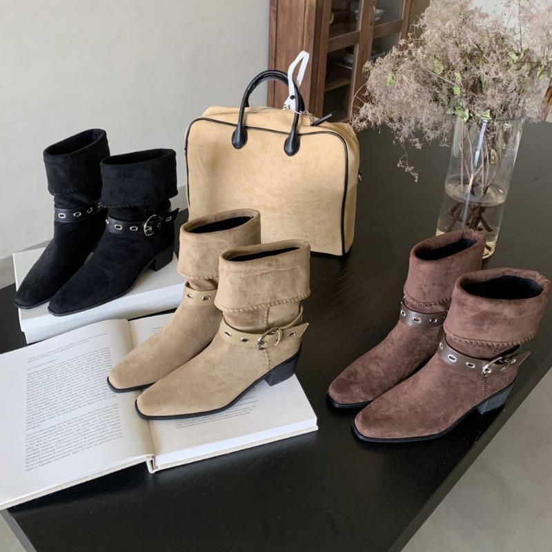 Autumn Winter Suede Ankle Boots for Women Fashion Belt Buckle Design Chunky Heel Knight Boot Ladies Casual Outdoor Cowboy Boots