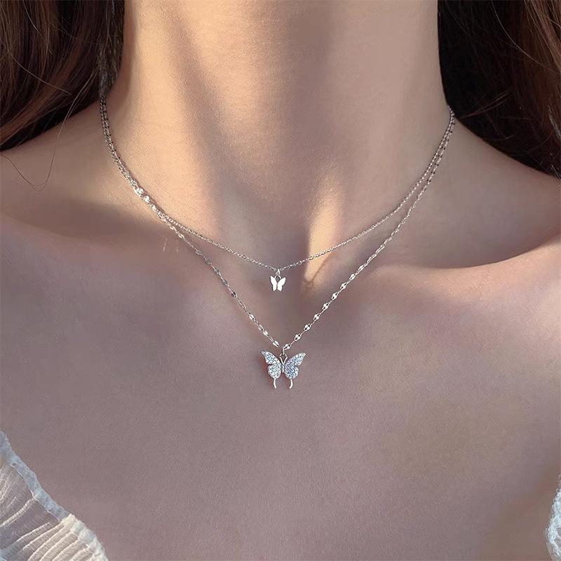 S925 Sterling Silver Double-Layer Butterfly Necklace with Full Diamond Pendant - High-End Layered Design for Trendsetting Style 925 Silver