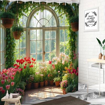 1 pièce Rideau de douche - Jardin élégant avec fenêtre en arc et fleurs épanouies, Parfait pour la décoration de salle de bain, Apportant
