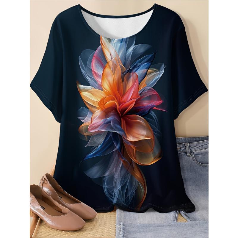 Casual Short Sleeve Round Neck T-Shirt Top Summer Vintage Flowers T Shirt Women Tie Dye 3D Print Loose Fashion Casual V-Neck