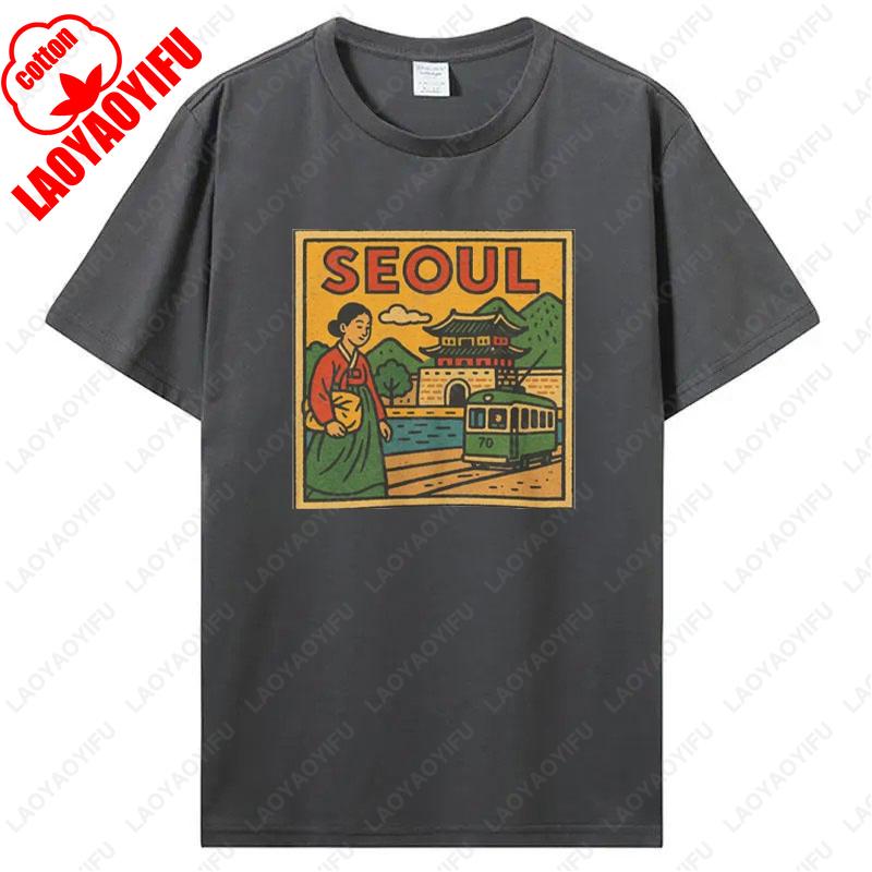 Seoul Korea Comic T-Shirt Unisex Retro-Stil Vintage Stadt-Skyline Grafik-T-Shirts Bold Asian Travel Baumwollshirt Geschenk Männer Frauen Tops