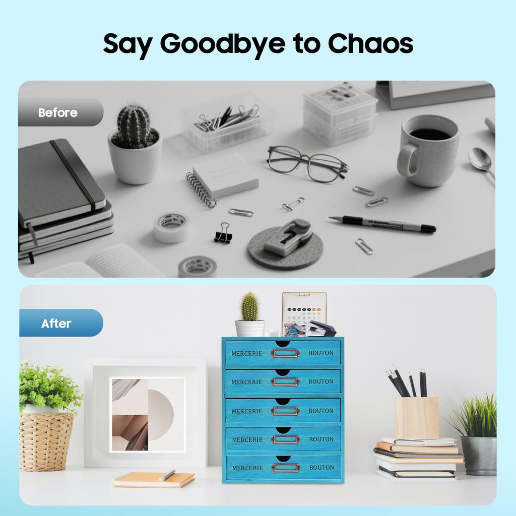 Vintage Blue 5-Tier Drawer Organizer, Pine Wood Desktop Storage Cabinet for Office, Jewelry, Cosmetics, Spice,No Assembly Needed