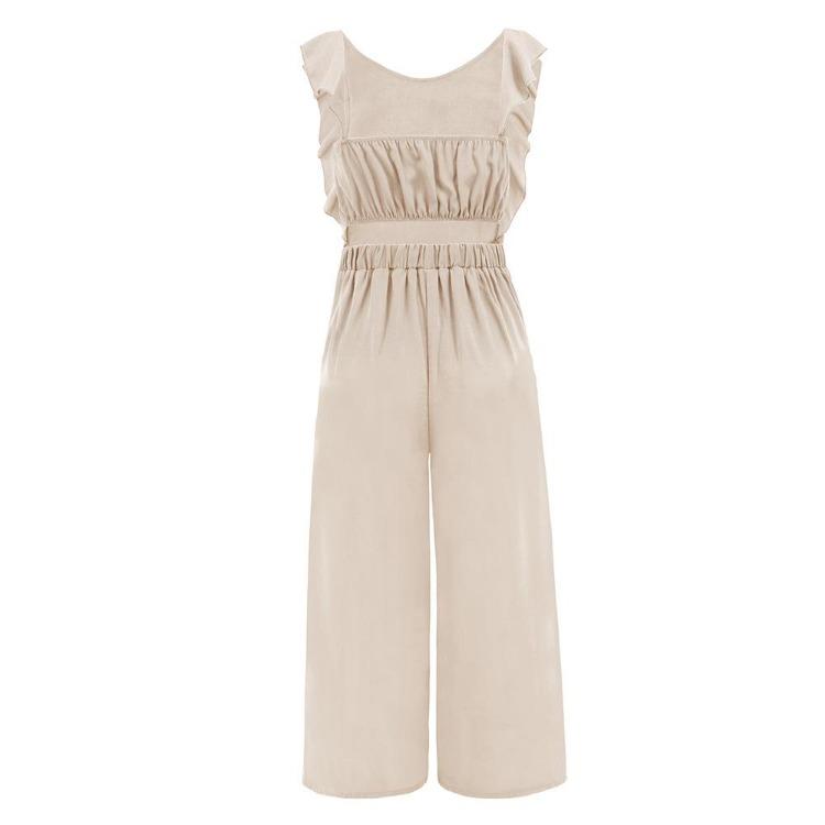 Summer Women Lace Up Ruffle Sleeveless Jumpsuit Solid Color Straight Trousers Fashion Trendy Outfit