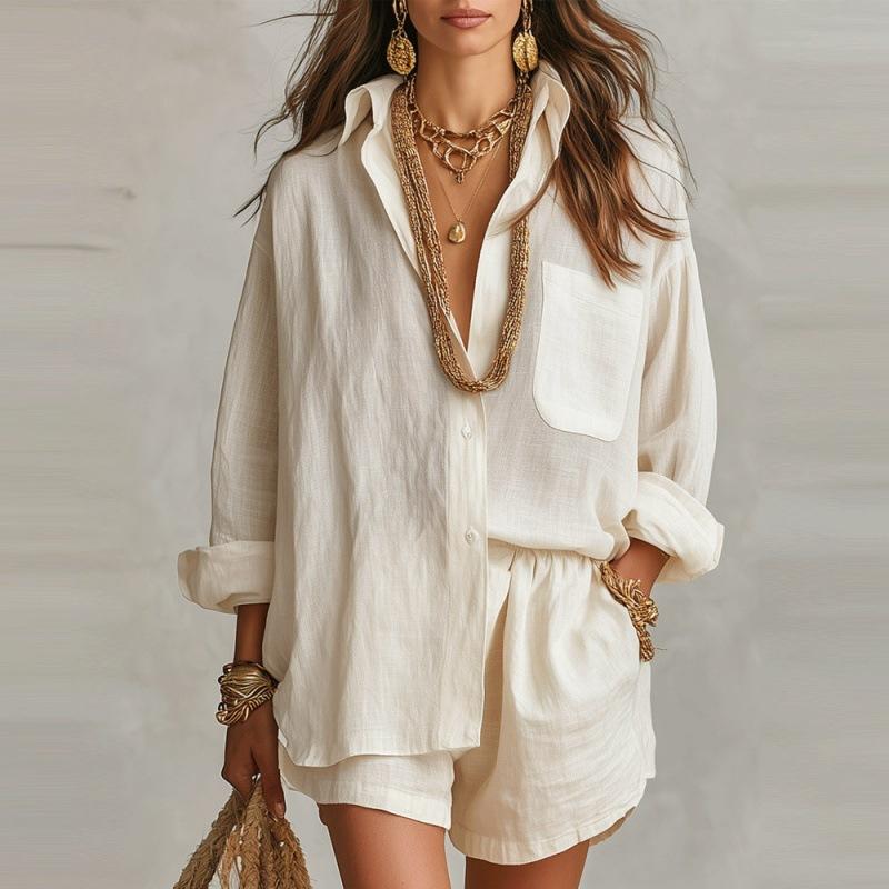 Cross-border Amazon 2026 Spring and Summer New European and American Lazy Style Shirt Set Solid Color Shorts Two-piece Women's Clothing