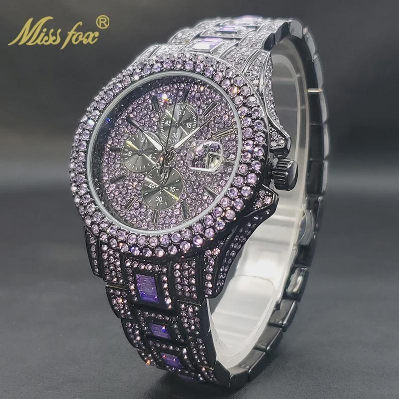 MISSFOX Nové zelené diamantové hodinky pro muže Luxusní Hip Hop diamantové hodinky Jedinečné Bling Ice Out Svítící vodotěsné hodinky