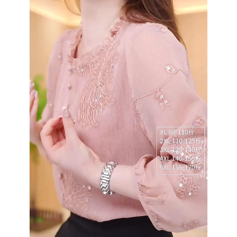 Cămașă la modă în stil național, cu paiete brodate și mâneci trei sferturi pentru femei, nouă, roz, cu temperament, top larg