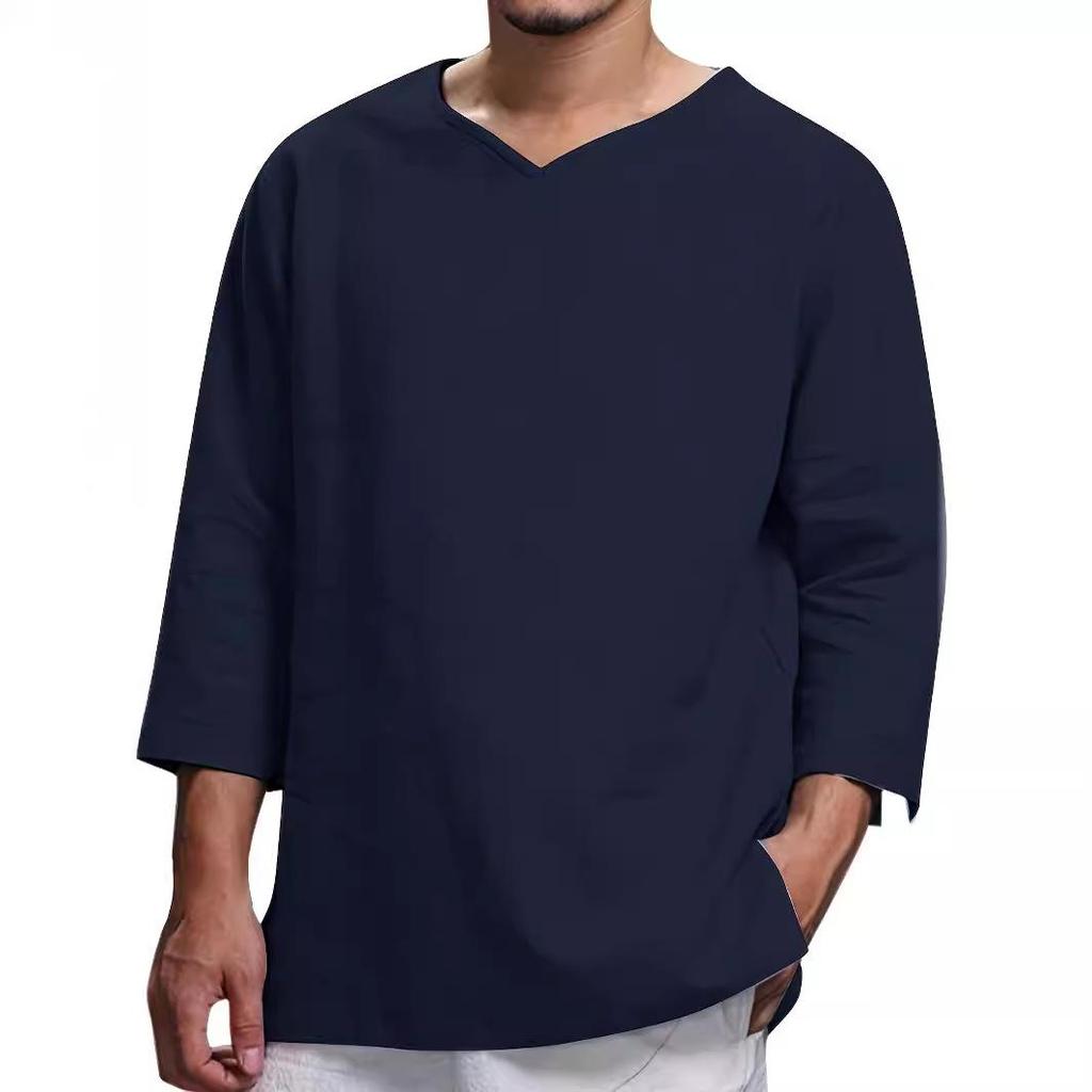 Men's Spring 2026 V-Neck Long Sleeve Linen-Cotton Casual Shirt