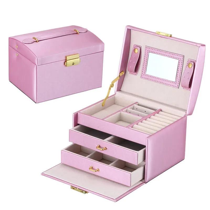 PU Leather Jewelry Organizer Boxes with Mirror Storage Box for Necklaces Rings Earrings Multi-layer Travel Jewelry Cosmetic Box