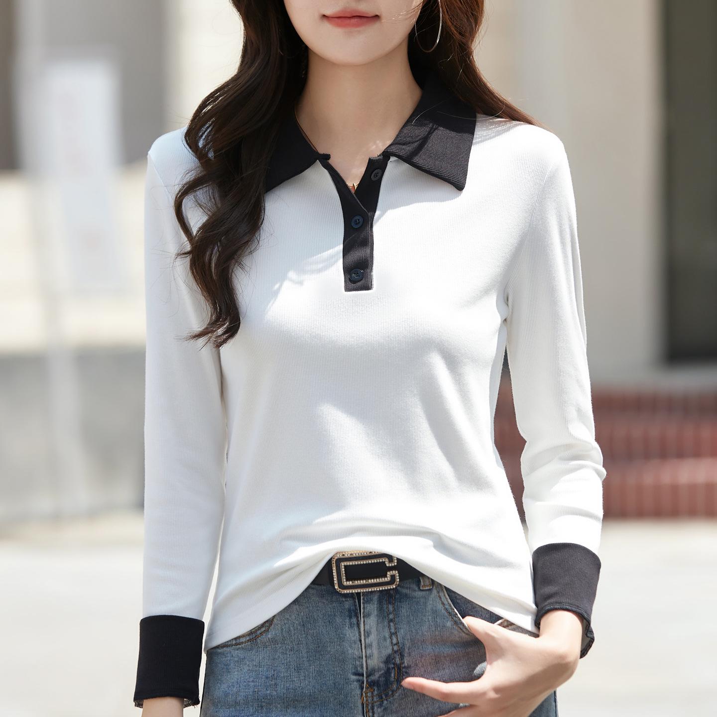 

Women s Color-Block Long-Sleeve Polo Shirt with Turn-Down Collar (2025 Autumn/Winter Collection) M (95-105 jin) білий
