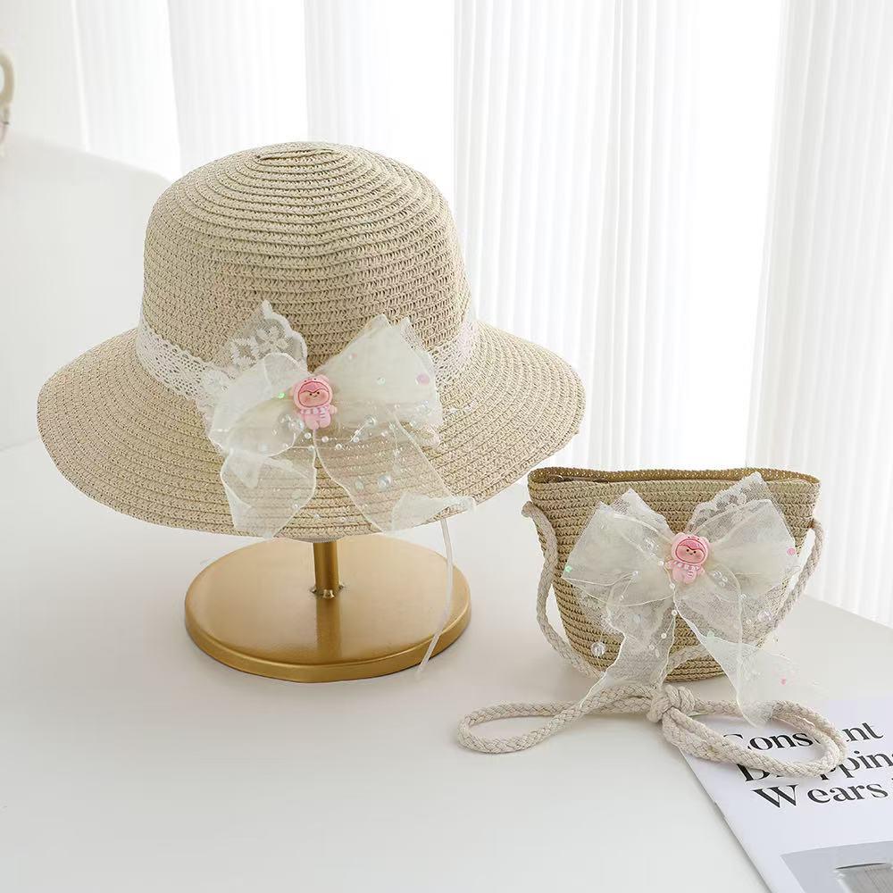 Girls' Lace Bow Sun Protection Straw Hat – Summer Outdoor Beach Bucket Hat