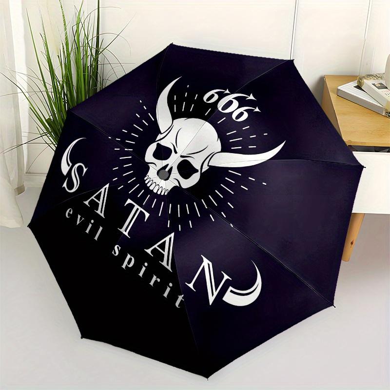 

Satanic Skull with Horns & 666 Sticker Design - 8-Rib Automatic Open Compact Umbrella for Men & Women, Portable 3-Fold Black &