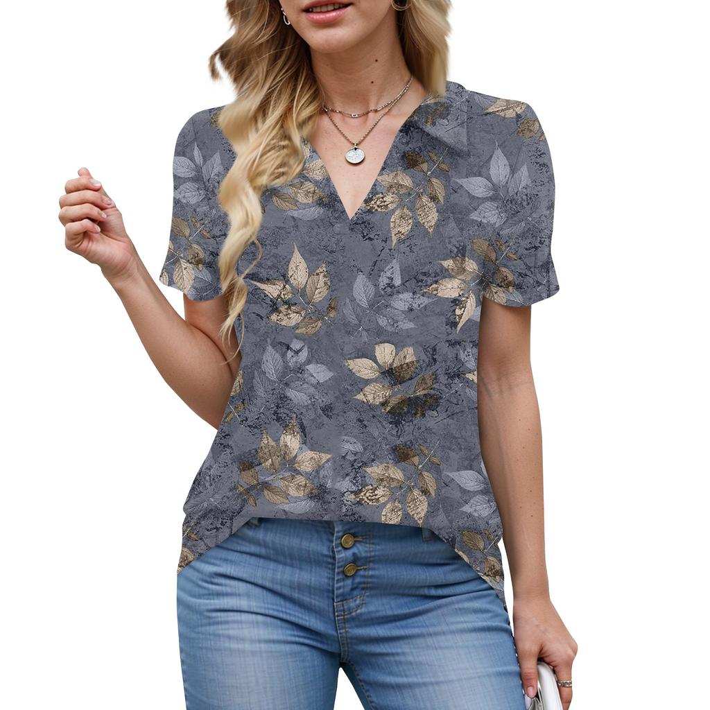 Damen Bluse Sommer Business Casual Arbeitstops Kurzarm Button-Down-Kragen V-Ausschnitt Bluse T-Shirt