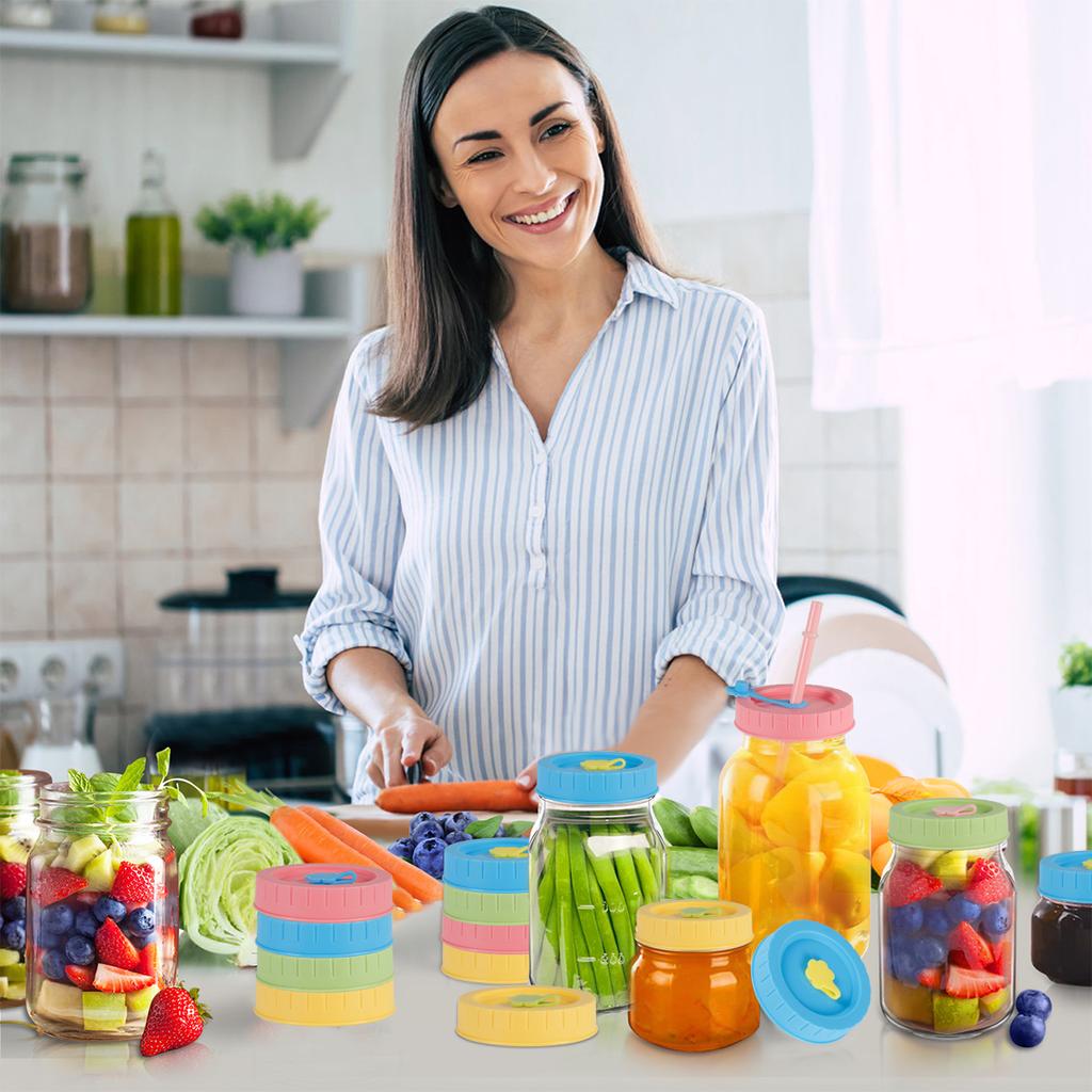 12-teiliges buntes Deckelset aus Kunststoff für Einmachgläser mit 70 mm breiter Öffnung, Deckel mit Reinigungsbürsten und Strohhalmen zur Aufbewahrung von Lebensmitteln