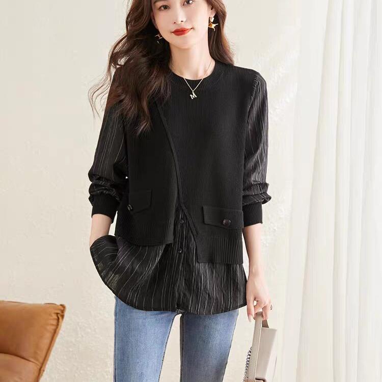 Fashionable Sweater Shirt Fake Two-piece Loose Slimming Pullover Autumn Top