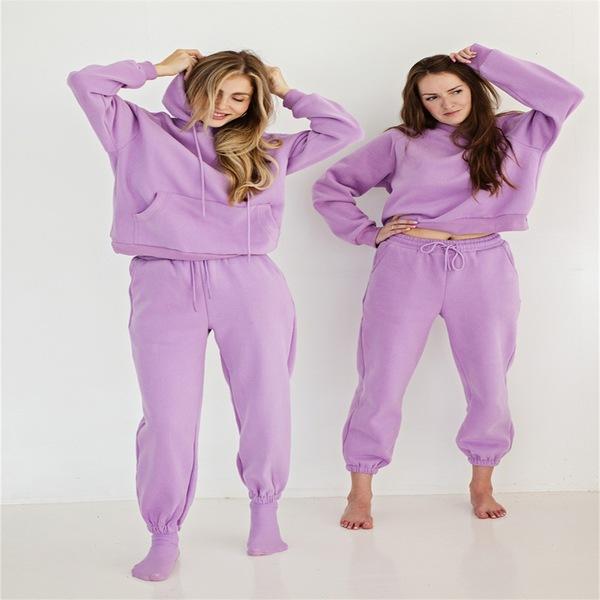 Fashion Pure Color Two-Piece Suits Casual Outfits Long Sleeve Sweatshirts Pullovers Pants Sport Wear for Women S-2XL