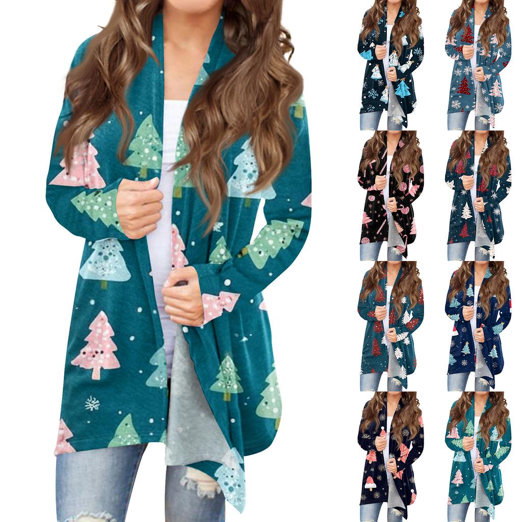 Women's Fashionable Loose-Fit Casual Cardigan With Christmas Print Mid-Length Coat