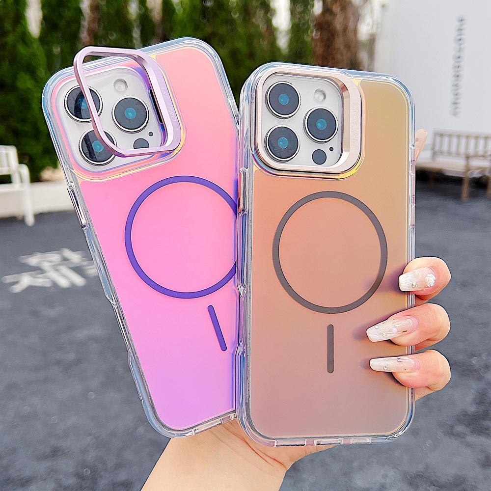 KEYSION Colorful Gradient Magnetic Lens Stand Case for iPhone 11 12 13 Pro Max for MagSafe TPU+PC Shockproof Back Cover
