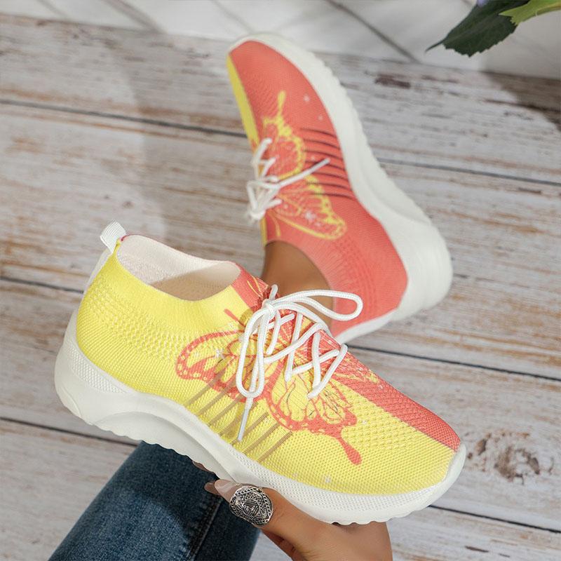 

Женские кроссовки с принтом бабочек, спортивная обувь, модные трикотажные сетчатые кроссовки с мягкой толстой подошвой для ходьбы, бега и бега 43 жёлтый