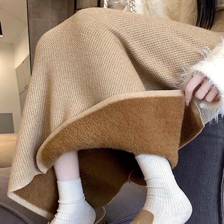 Slim-Fit Straight Women's Sweet Knitted Midi Skirt Autumn Winter Fleece-Lined Thickened Niche High Waist Split Skirt