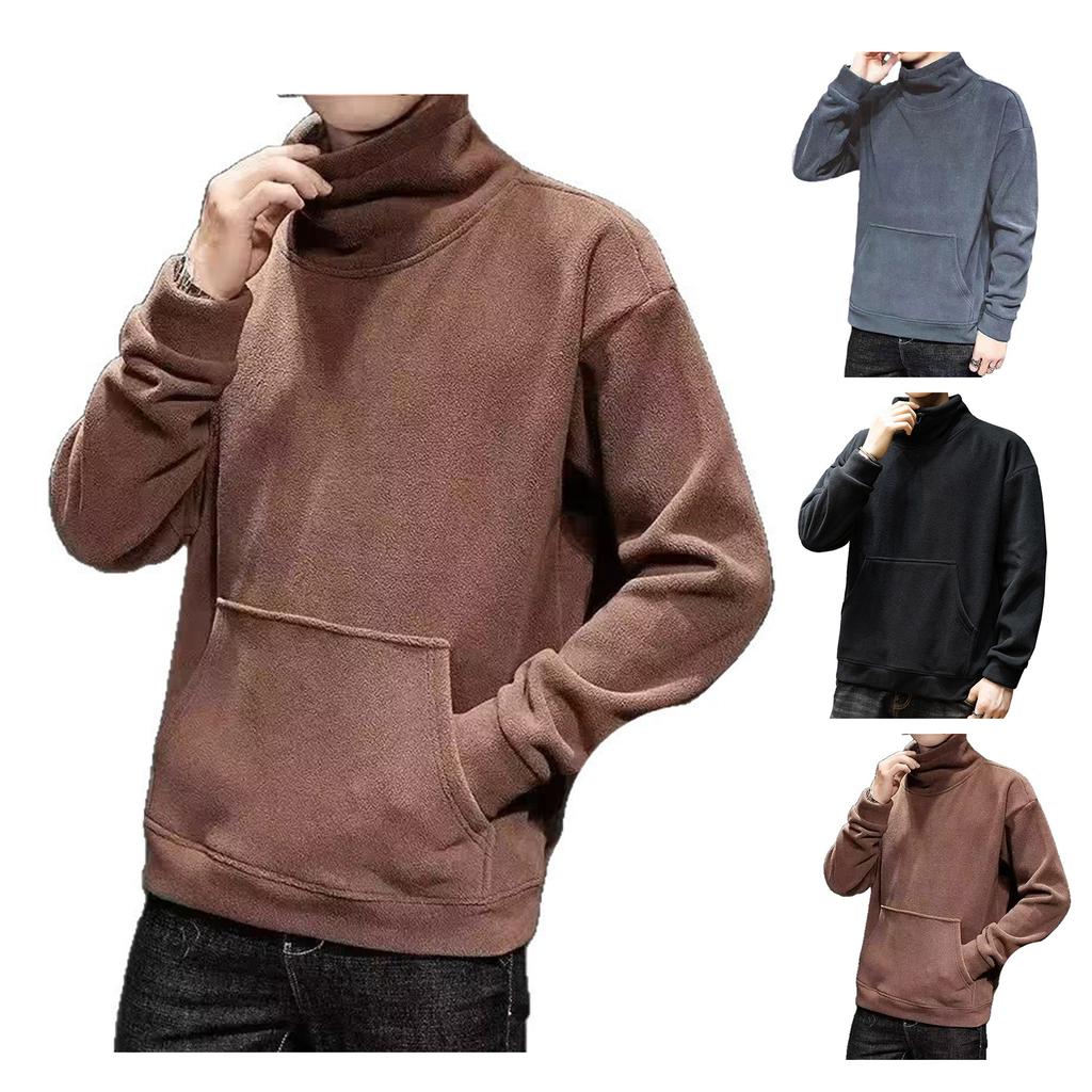 Men's Casual Solid Color Round-neck Long-sleeved Pocket Sweatshirt, Men's Fleece Thickened Warm High-neck Sweatshirt