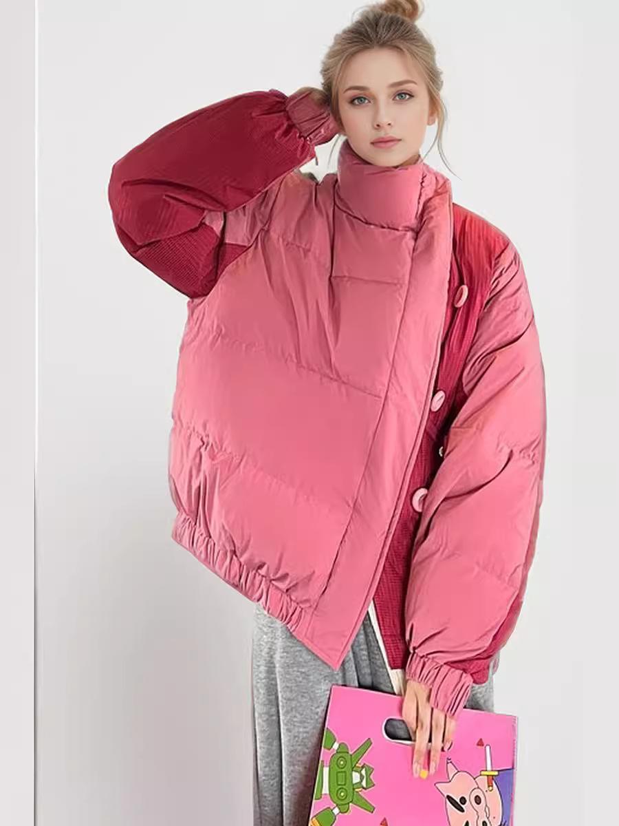 

YJKDYK 2024 зимняя женская куртка женская контрастная с высоким воротником теплая хлопковая подкладка свободная универсальная куртка для хлеба женская одежда L розовый