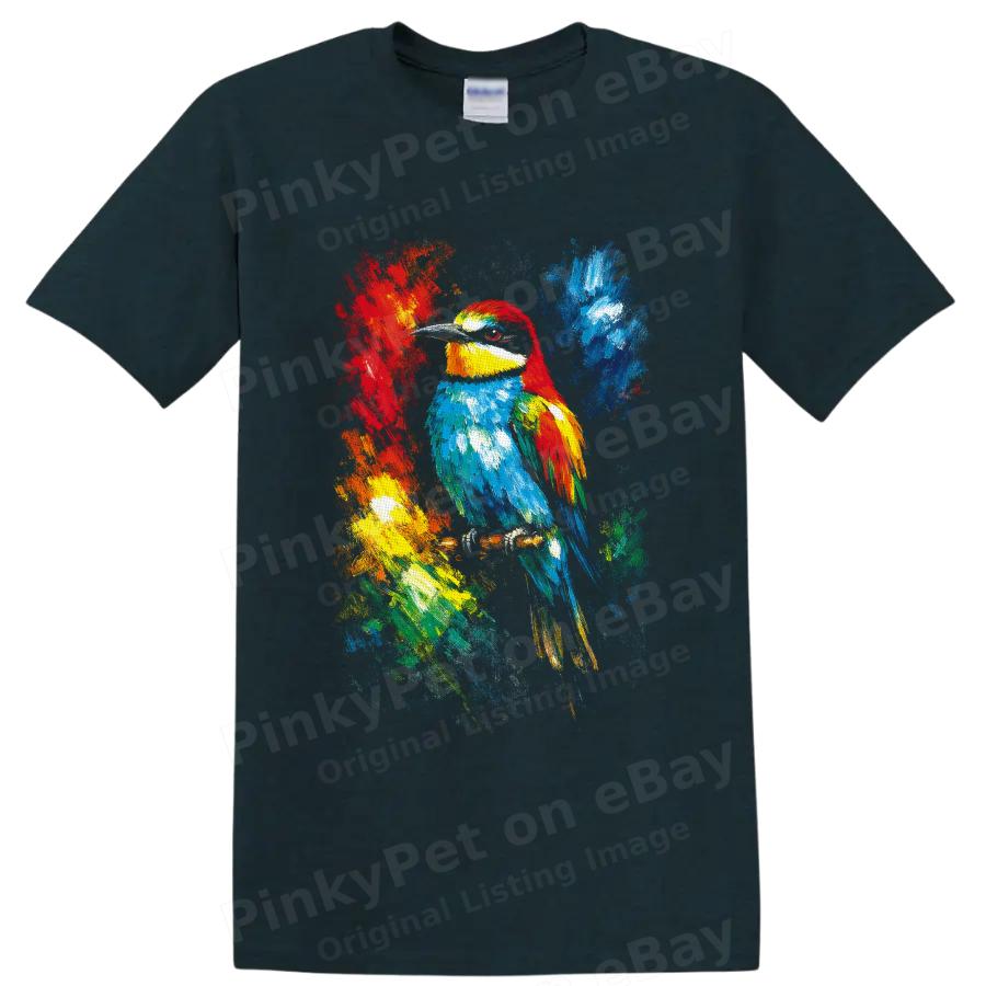 Colorful Bird Paint Splash Art T Shirt w/ Tropical Wildlife Portrait Graphic Tee