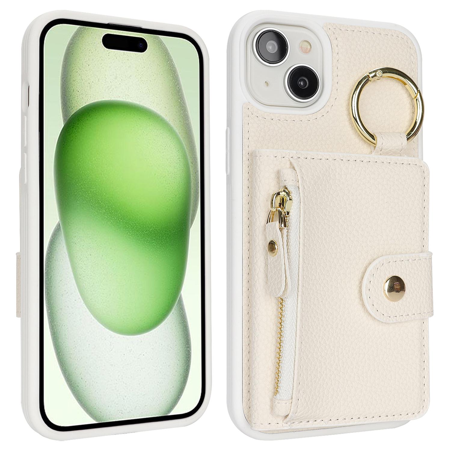 

For iPhone 15 Plus/14 Plus Case Litchi Textured PU Leather+TPU Kickstand Phone Cover with Card Slot White