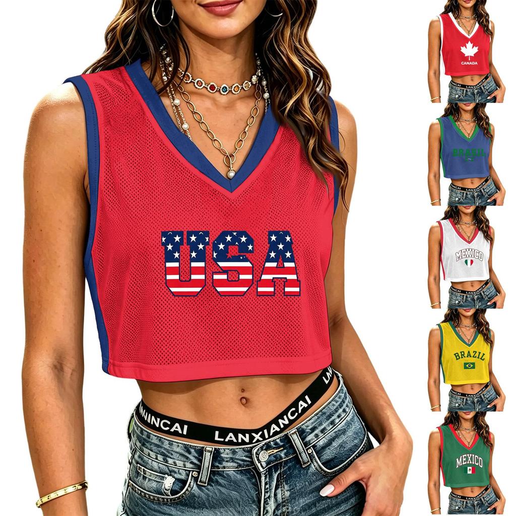 Women's Sleeveless V Neck Casual Crop Top Mesh Tank Top Lightweight Breathable Summer Shirt USA Letter Print