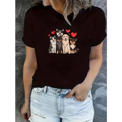 Taglie Europee T-shirt Casual da Donna a Maniche Corte con Scollo Rotondo alla Moda e Stampa di un Cucciolo per San Valentino.