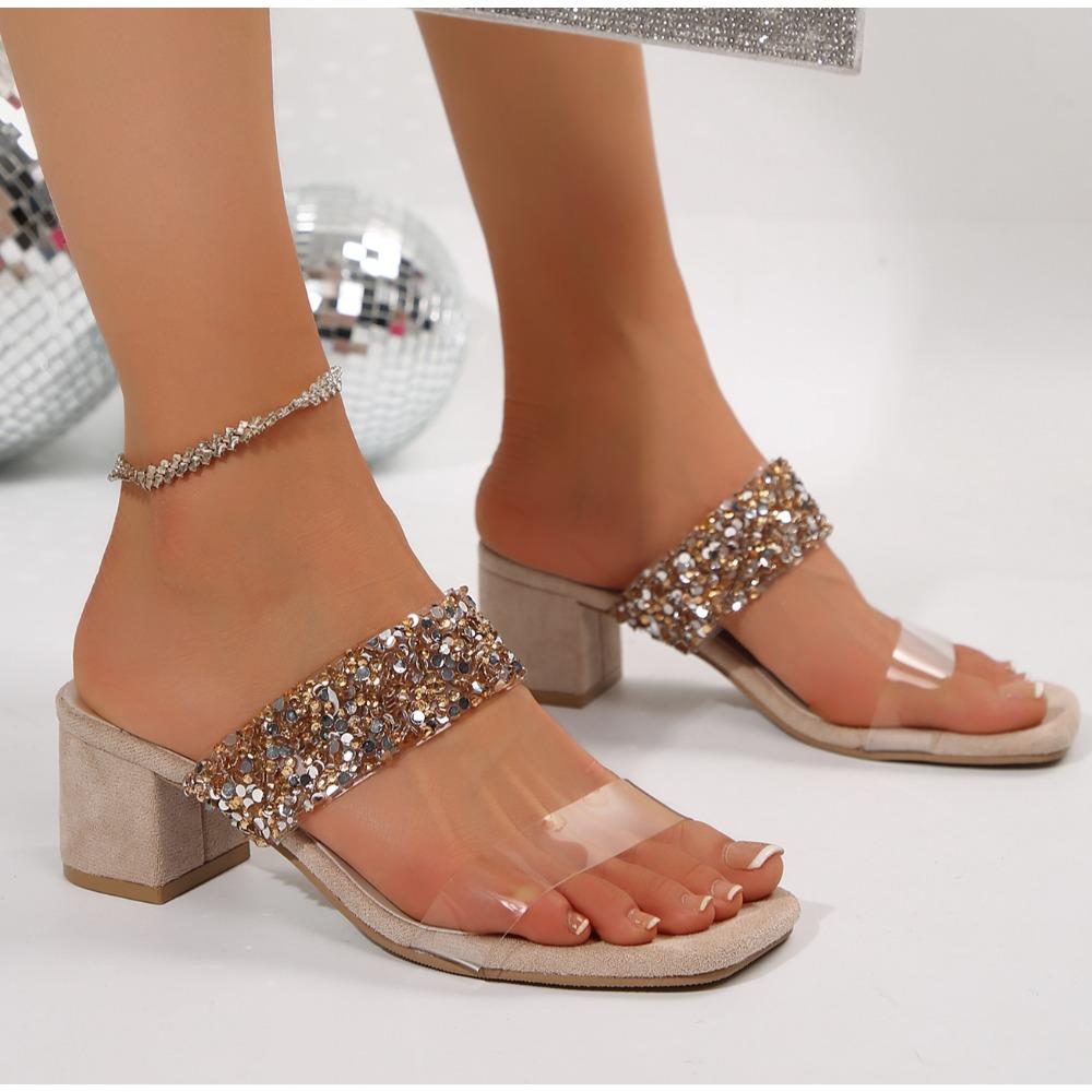 New Square Clamp Toe Women Slippers Thin Low Heels CRYSTAL Sandals Summer Party Slide Shoes Zapatos Mujer