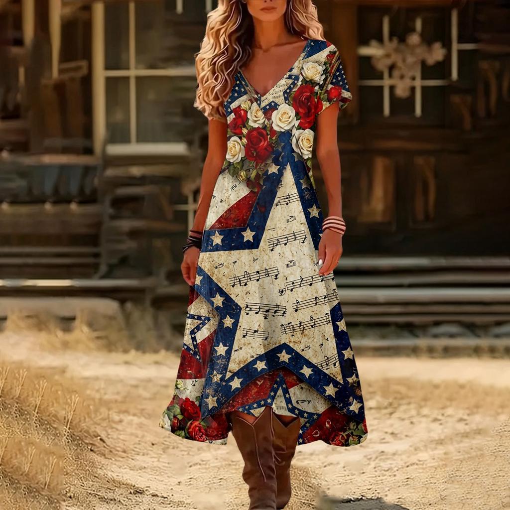 Women’s Short Sleeve V Neck Maxi Dress with Floral Print and Flag Pattern Casual Loose Fit Summer Dress