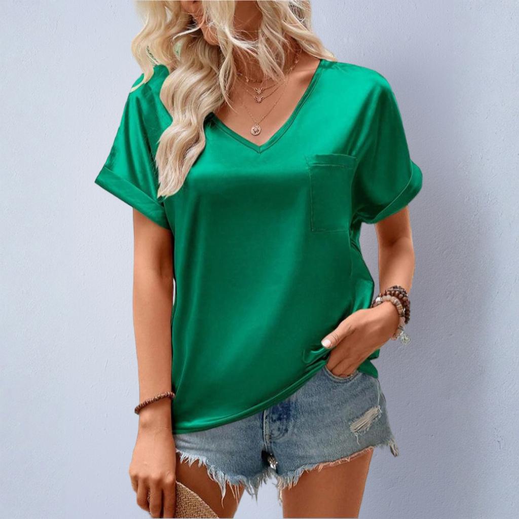 Women's Sading V-Neck Pocket Roll-up Short Sleeve Loose Top