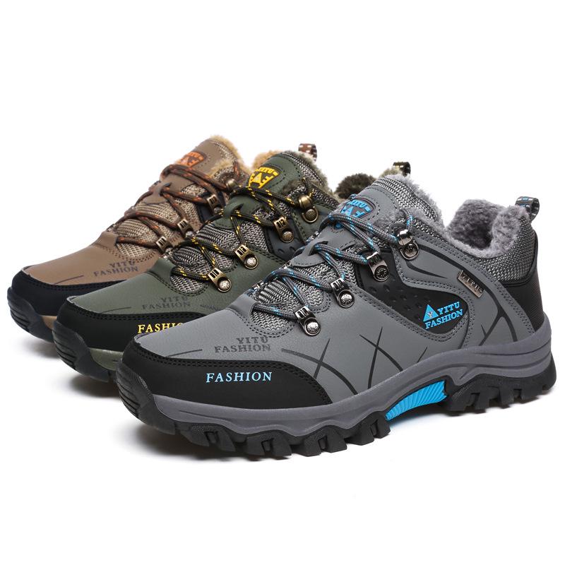 Herbst- und Winter Herrenschuhe Wanderschuhe Baumwollschuhe niedrig geschnitten Lederoberfläche gefüttert verdickt warm große Größe Outdoor Wanderschuhe Offroadschuhe