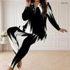 Women Plus Size Two Piece Pants Set Half Zip Long Sleeve Black White Printed Longline Top Fitted Pants