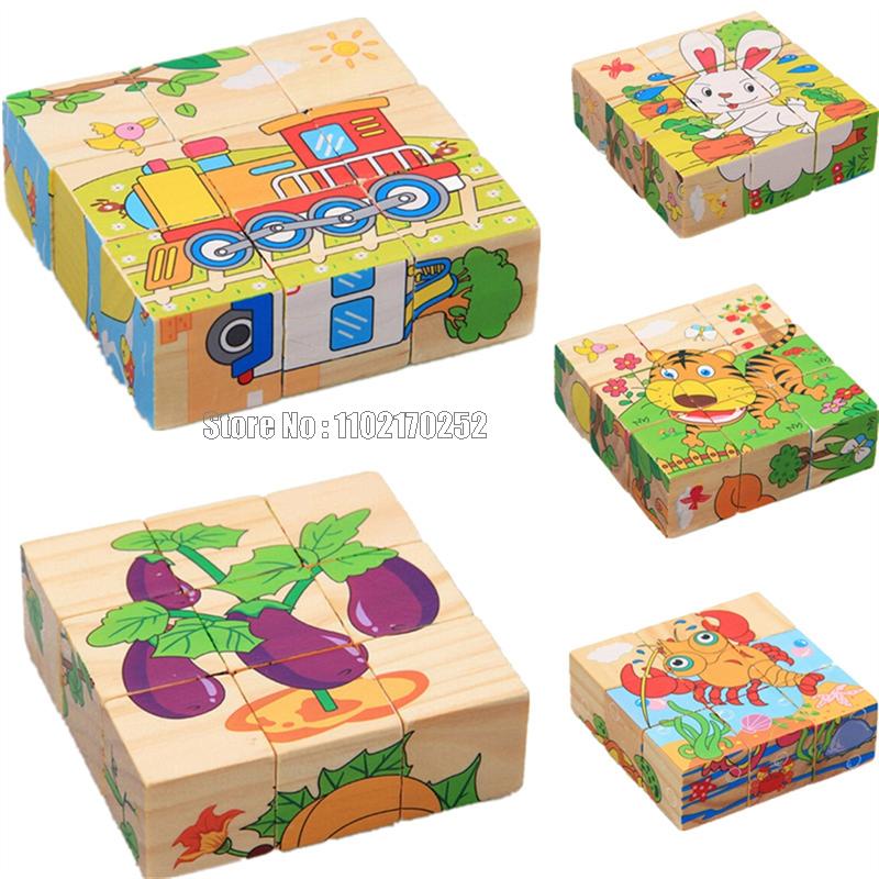 9pcs Wooden Animal Kids Toys 6 Sides Wisdom Jigsaw Early Education Learning Tangram Children Game 9pcs Single 3d Puzzle