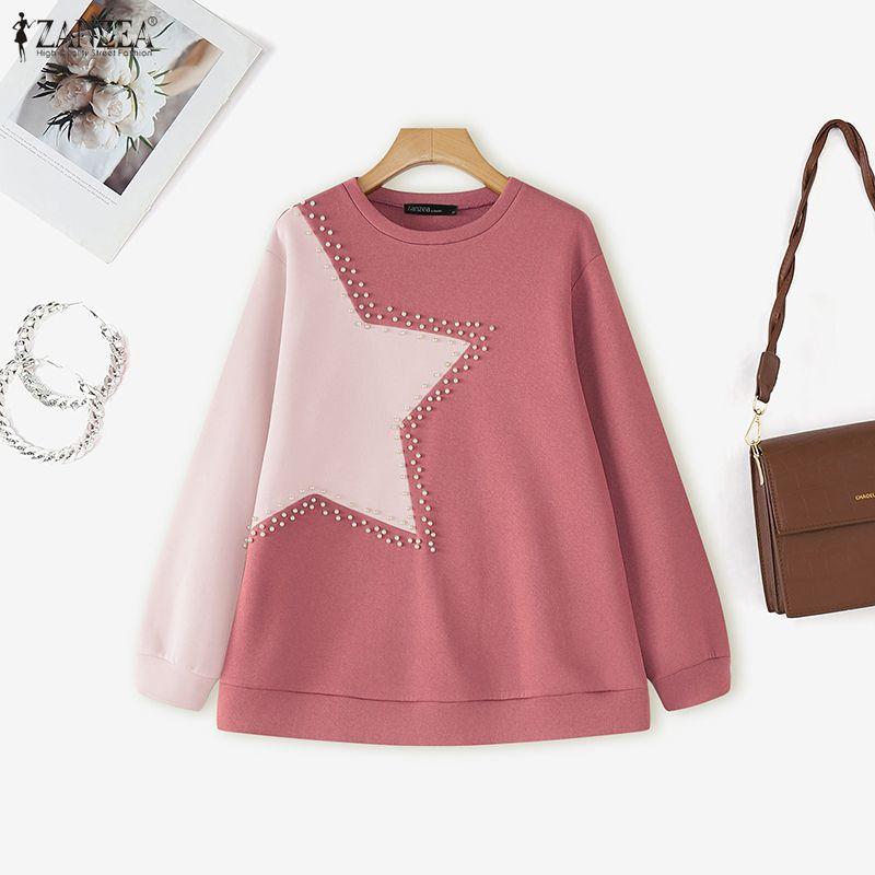 ZANZEA Women Casual Round Neck Patchwork Long Sleeve Pullover T-Shirts