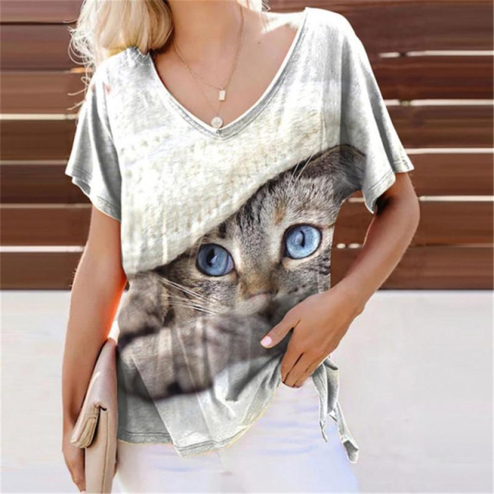 Summer Lovely Cat 3D Print T-Shirts Women Casual V-Neck Short Sleeve T Shirt Y2k Harajuku Animal Tees Loose Tops Female Clothing