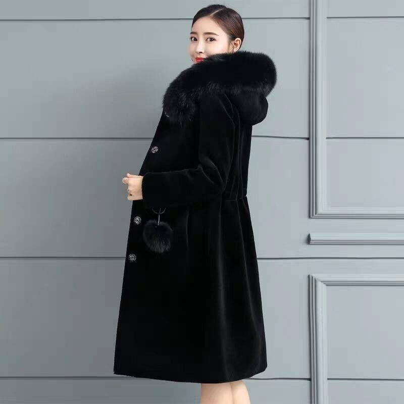Sheep shearing coat women's long new waist thickened hooded imitation fox fur collar imitation fur coat