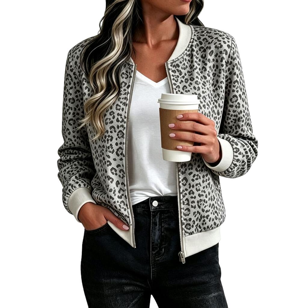 Women's Loose Fit Casual Zip-Up Jacket, Fashion Printed Short Coat for Fall and Winter