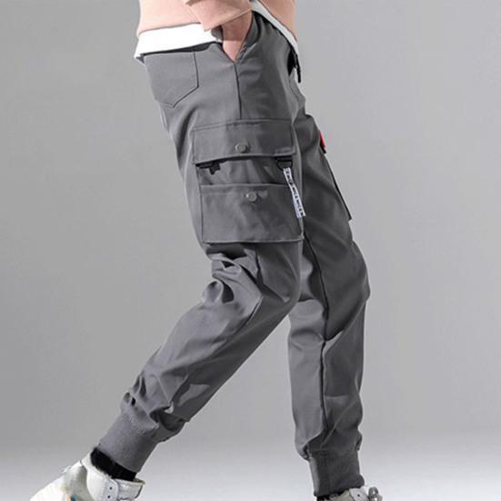 Men Pants Plush Lining Solid Color Elastic Waist Warm Multiple Pockets Cargo Pants for Daily Wear