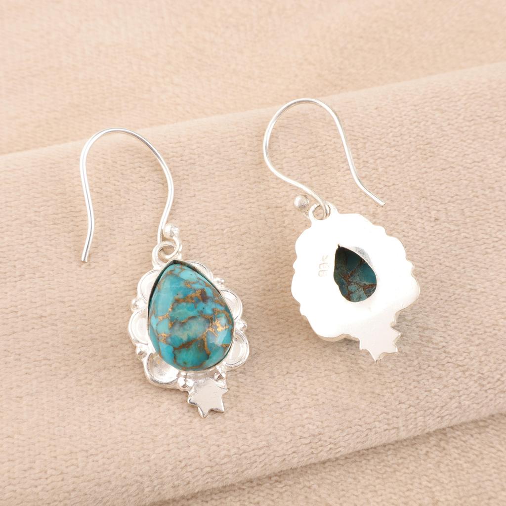 Blaue Kupfer Türkis Handgemachte Edelstein Ohrringe, 925 Sterling Silber Ohrringe Antiker Schmuck, Für Verlobungsgeschenk