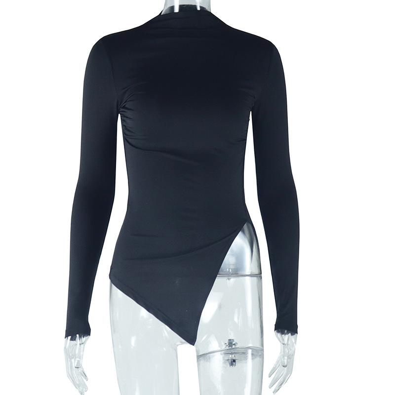 Women's Tight Round Neck Pullover Solid Colour Long Sleeve Pleated Irregular T-Shirt