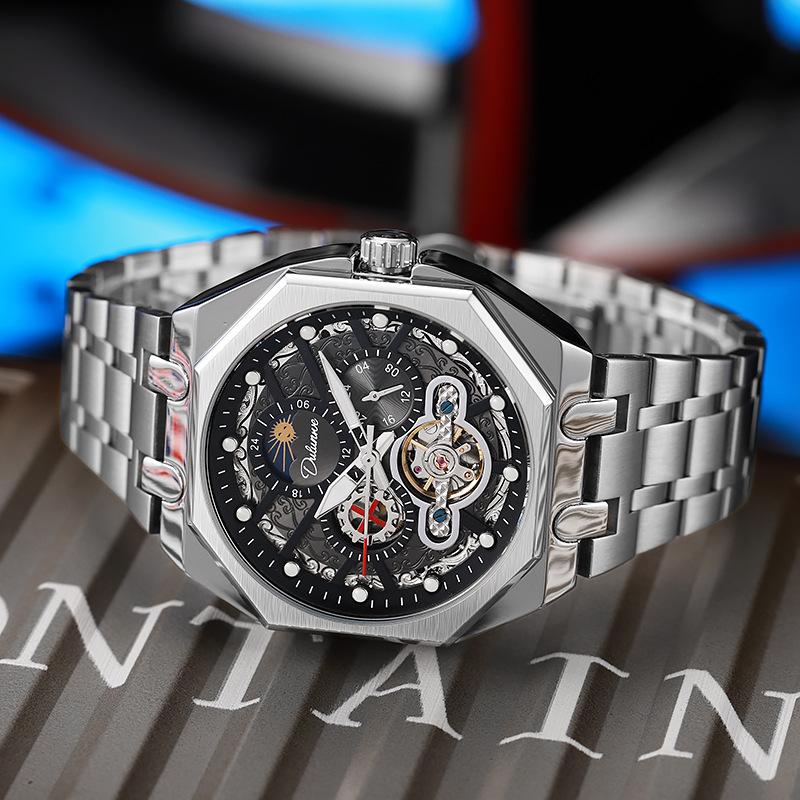 Tourbillon Hollowed Out Strong Luminous Moon Phase Mechanical Watch for Men, Fully Automatic Business Watch, Holiday Gift, Stainless Steel Watch