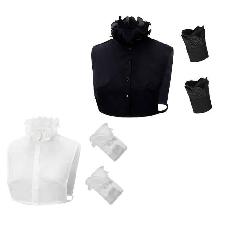Classical Faux Collar And Wristband Set For Women Girls Elegant Ruffled V Neck Half Shirt Insert with Wrist Cuffs Sleeve