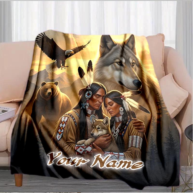1PC Custom Name Native American Spirit Flannel Blanket Versatile,all-season Throw Suitable for the Living Room,bedroom,camping,travel,and Gift