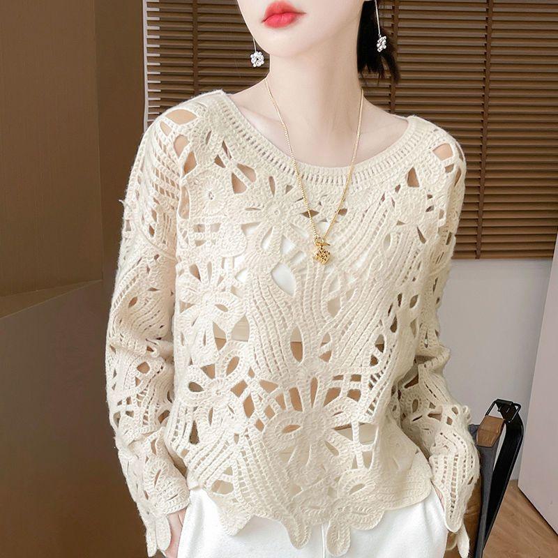 Early Autumn Heavy Industry Crocheted Hollow-Out Pullover Loose Top Long-Sleeved Sunscreen Knitted Blouse